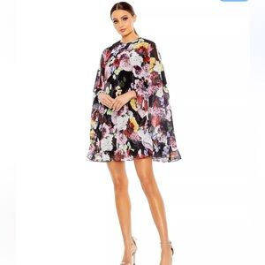 NWT Ieena Mac Duggal Floral Print High Neck Ruffle Hem Cape Mini Dress